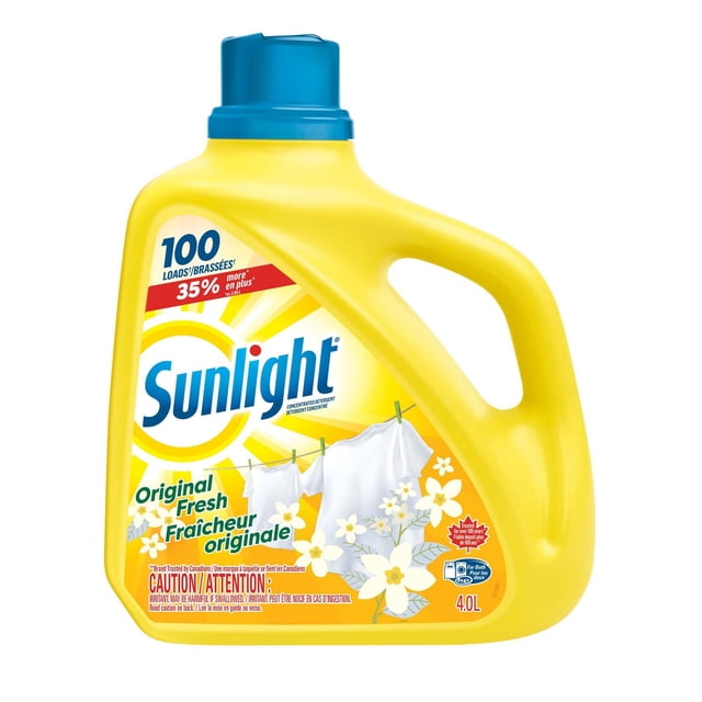 Sunlight Original Fresh Concentrated Liquid Laundry Detergent 4.0 Litres yellow jug with blue cap, labeled for 100 washloads, featuring white shirts on a clothesline and white flowers, providing concentrated stain-fighting power and fresh citrus scent, suitable for all water temperatures and both standard and high-efficiency washers.