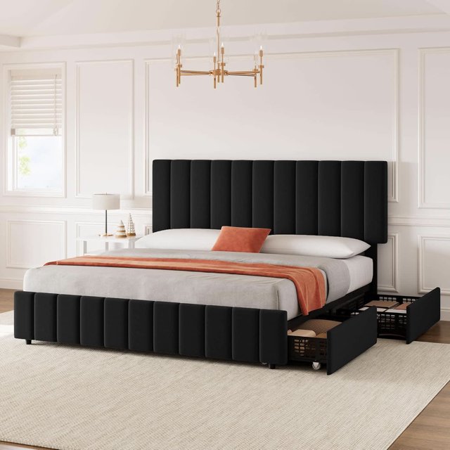 Eastvita King Size Linen Upholstered Platform Bed Frame/4 Storage Drawers/Adjustable Headboard/No Box Spring Needed/Wooden Slats Support/Black