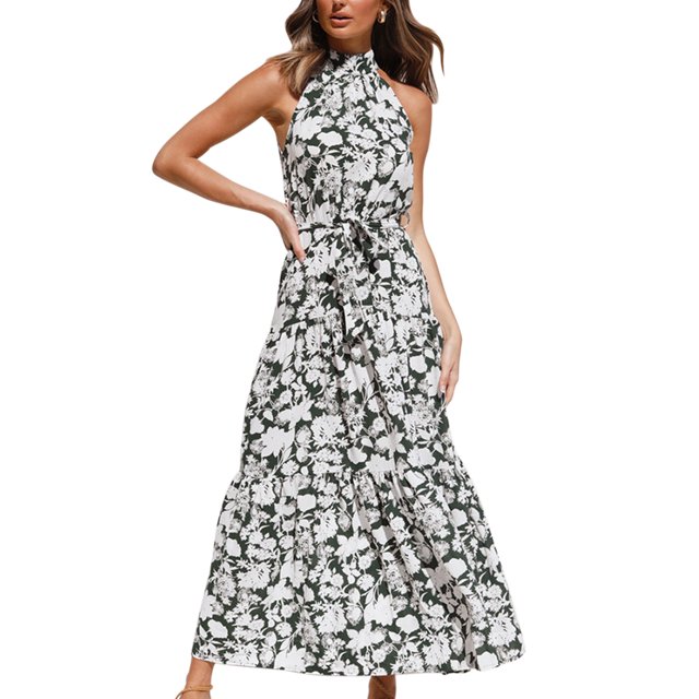 Robes Longues Maxi Sans Manches à Col Licou Boho à Imprimé Floral, Dos Nu, Fluides, de Plage, avec Ceinture et Poches pour Femmes