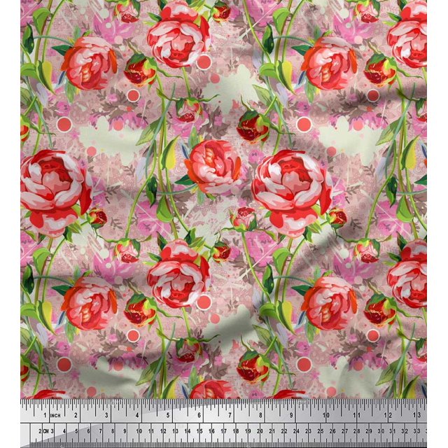 Soimoi Orange polyester Crepe Fabric Leaves & Floral Print Fabric by Yard 42 Inch Wide