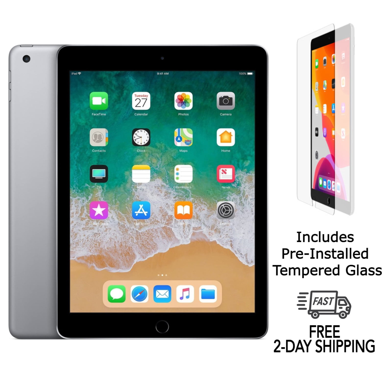 Refurbished Apple iPad 6th Gen A1893 (WiFi) 32GB Space Gray (Grade B) w/ Pre-Installed Tempered Glass