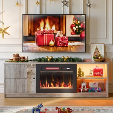 Pinmoco Meuble Télé avec Foyer Électrique pour Téléviseurs jusqu'à 70 Pouces, Centre de Divertissement à DEL avec Armoire et Étagères, Table Console Multimédia pour Salon, Chambre, Gris