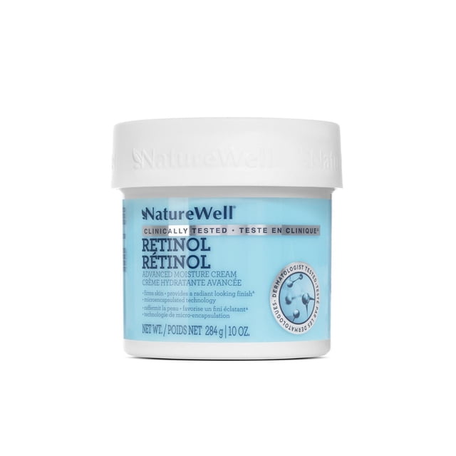 Naturewell Retinol Cream, 10 oz/284 g, in a light blue jar with a white embossed lid, clinically tested advanced moisture cream featuring micro-encapsulated retinol to improve skin tone, texture, firmness, and elasticity, suitable for dry skin and all skin types.