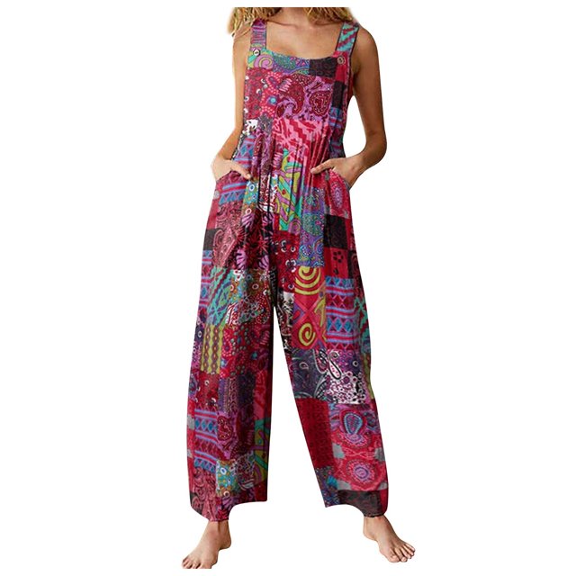 Héliisoer Mode Femmes Patchwork Style Ethnique Vintage Imprimé Boutons Bretelles Combinaison