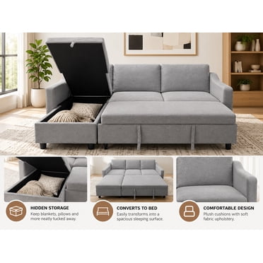 K-Living Modern Grey Fabric Convertible Sectional Sofa Bed with Storage for Living Room