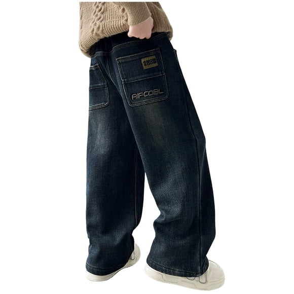 dmqupv Teenage Boy Jeans Baggy Boys Trendy Wide Leg Jeans Stylish Teenagers And Childrens Loose Straight Leg Trousers Blue,Size for 12-13 Years