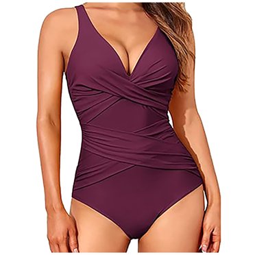 Women's V Neck One Piece Swimsuit Tummy Control Bathing Suit Modest Slimming Swim Suits Ruched Twist Front Swimwear