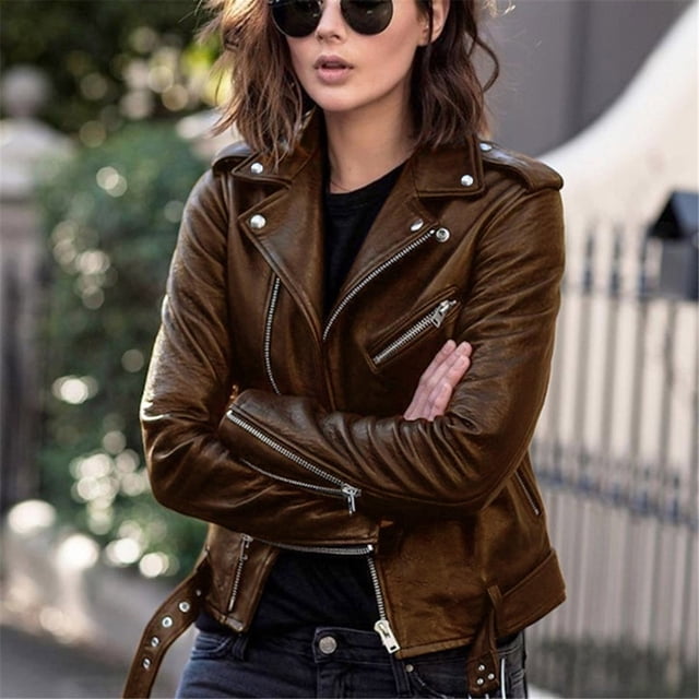 Mikilon Women Cool Faux Leather Jacket Long Sleeve Zipper Fitted Coat Fall Short Jacket