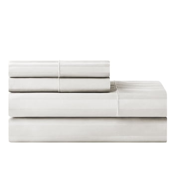 Ensemble de draps pour lit adulte en coton égyptien blanc rayures 600 contexture, 4 pièces, hotel style, grand lit - Poche profonde