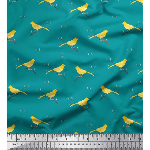 Soimoi polyester Crepe Fabric Leaves,Branches & Canary Bird Fabric Prints By Yard 52 Inch Wide