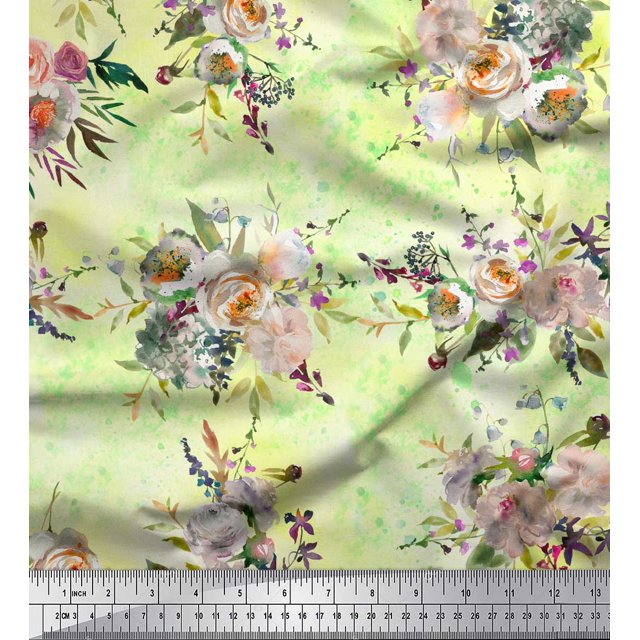 Soimoi Yellow Japan Crepe Satin Fabric Leaves & Ranunculus Floral Printed Fabric 1 Yard 42 Inch Wide