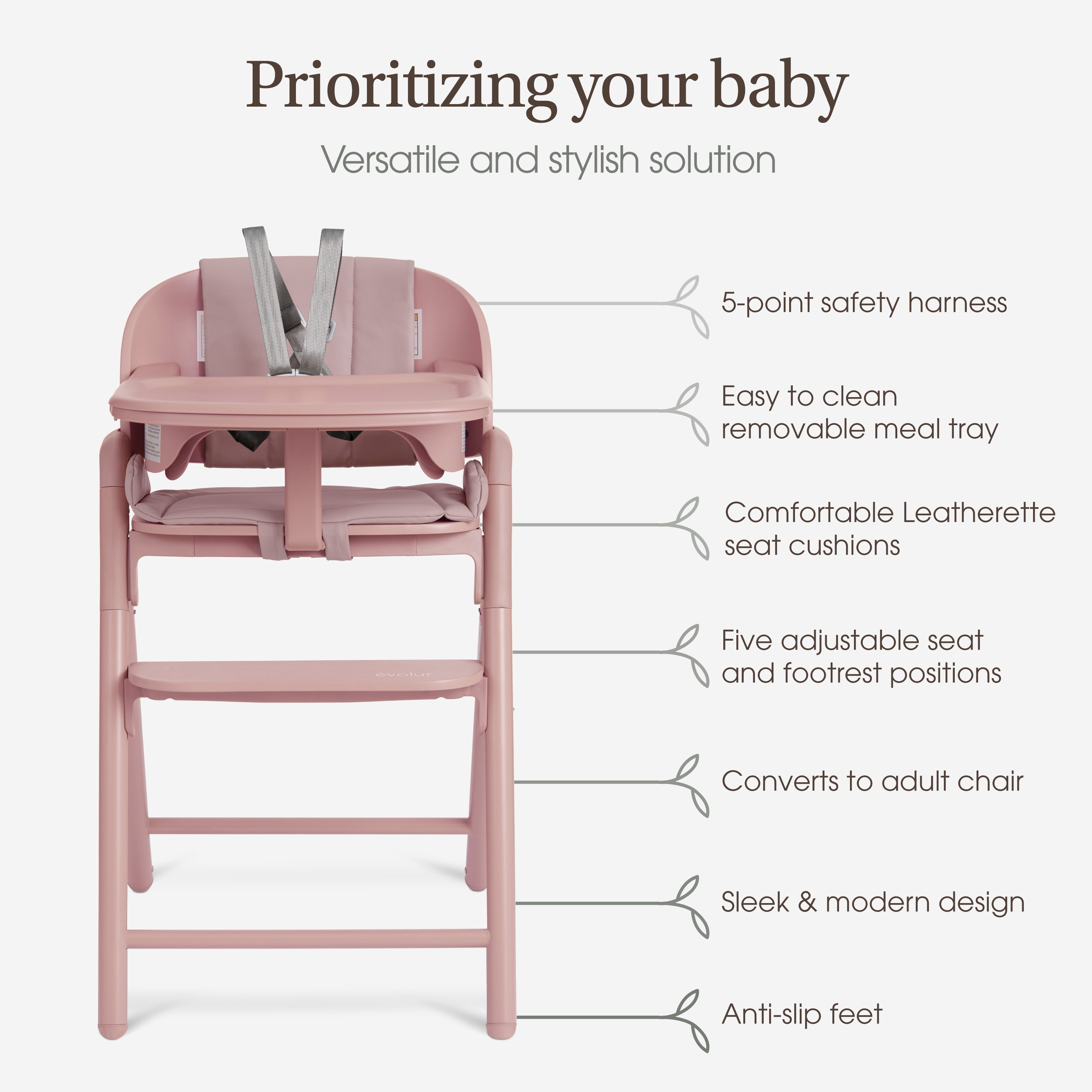 Chaise haute convertible Evolur Step and Savor, Rose Petal