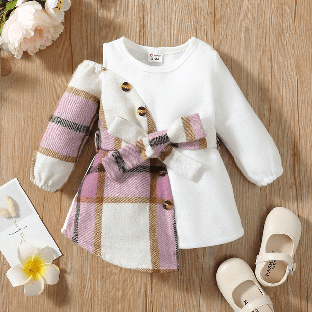 PatPat Robe à Manches Longues à Carreaux avec Boutons et Ceinture pour Bébé Fille