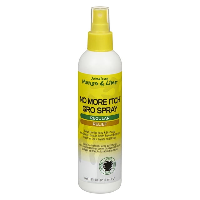 No More Itch Gro Spray par Jamaican Mango & Lime, une Bouteille Vaporisateur en Plastique Blanche de 8 fl oz (237 ml) avec Embout Jaune et Étiquette, Formulée pour Apaiser le Cuir Chevelu Qui Démange et Sèche et Prévenir la Casse. Convient aux locs, Torsades et Tresses Saines avec une Formule Non Grasse.
