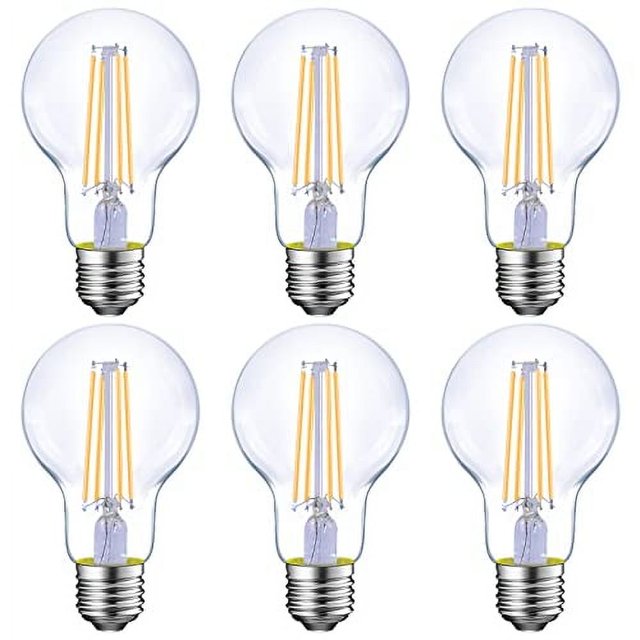 Energetic Dimmable LED Filament Light Bulbs, 8W, 60 Watt Equivalent, Warm White 3000K, Classic Clear Glass, A19 LED Light Bulb, 6 Pack