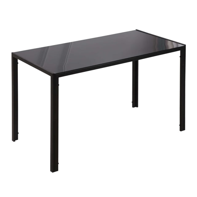 HOMCOM Rectangular Dining Table with a 6mm tempered glass top and powder-coated steel legs. The table features a sleek black finish, modern design, and seats up to four people. Its sturdy construction includes floor-protecting plastic pads for stability and durability. Dimensions are 47.2 inches wide, 23.6 inches deep, and 29.5 inches high.