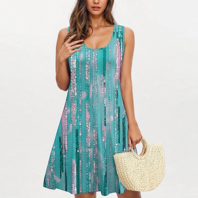 Ovzne Robes pour Femmes 2025 Robe Femme Mode Robe Décontractée Imprimée avec Poches Sans Manches à Col Rond Robe Femme Imprimée Liquidation
