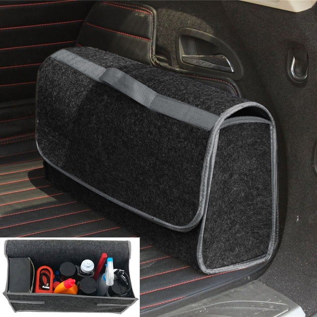 Vaidha Trunk Cargo Organizer Foldable Caddy Storage Collapse Bag Bin for Car Truck SUV in grey, shown secured to the side wall of a vehicle trunk. Made from tough carpet material, it features a robust fastening strip at the base and an adhesive strip for stability. The organizer includes compartments for storing tools, cleaning supplies, and small items. Dimensions: 50 x 15 x 23 cm (19.7 x 5.9 x 9.0 in).