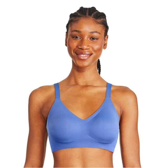 George Women's Bonded Engineered bra in blue shown front-facing on a model, made of stretchy microfibre with a V-neckline, adjustable straps, removable pads, and adjustable hook and eye closure, providing a smooth silhouette under clothing for everyday wireless bra wear.