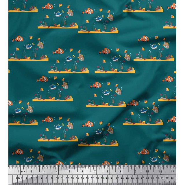 Soimoi Modal Satin Fabric Coral & Fish Ocean Printed Fabric 1 Yard 42 Inch Wide