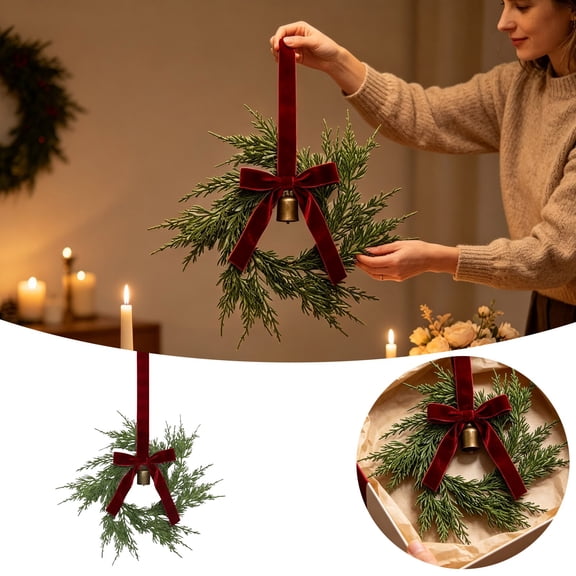 CLOUJI Leaf Bow Christmas Wreath Hanging Ring Ornament for Seasonal Door Elegant Festive with Jingle Charm Wall Hanging Decor