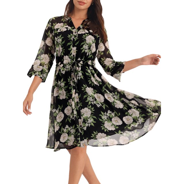 INSPIRE CHIC Robe en Mousseline Florale pour Femme à Manches Mi-Longues, Taille à Nouer, Boutonnée, Évasée, Noir m