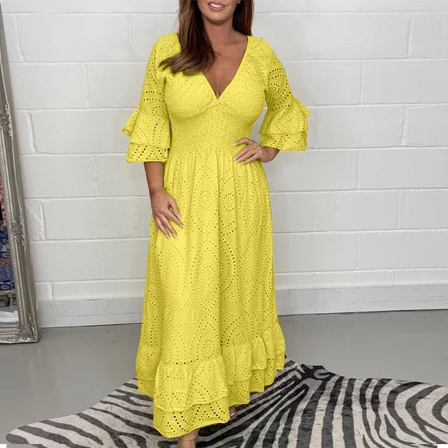 Robes pour Femmes 2024 Robe d'Été pour Femmes Nouvelle Tempérament Élégante à Col en V à Manches Mi-Longues Couleur Robe de Vacances en Liquidation