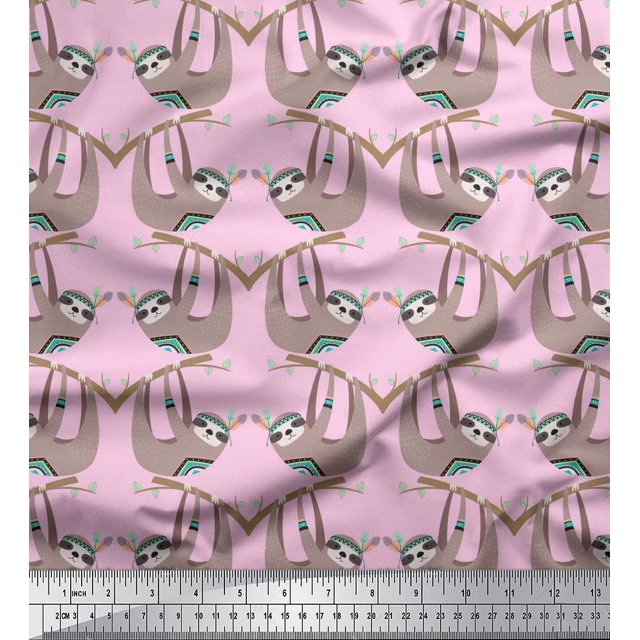 Soimoi Cotton Duck Fabric Feather,Branch & Sloth Cartoon Decor Fabric Printed Yard 56 Inch Wide