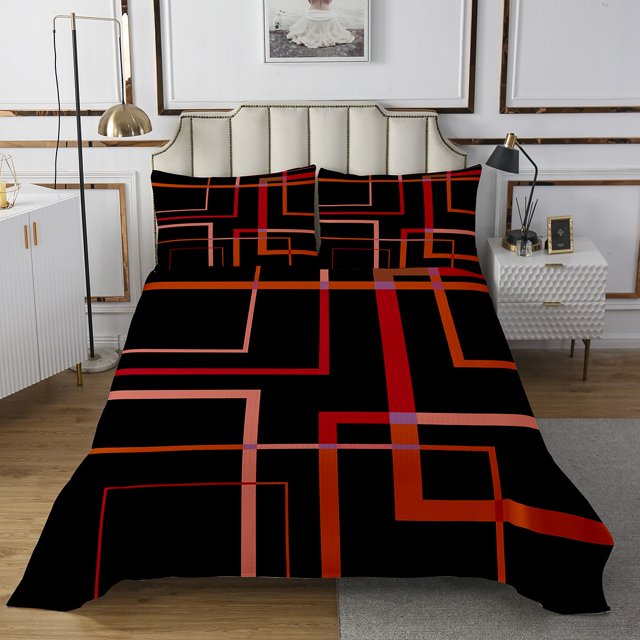 YST Geometric Square Bedspread Twin Size Black and Red Orange Quilt Set, Modern Abstract Coverlet Set Contemporary Rectangle Bedding Set, Mid Century Lines Bed Cover for Boys Girls