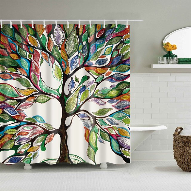 Rideau de Douche Arbre Feuille Colorée Dessin à la Main Vert Orange Bleu Rouge Idée Arbre Accessoires de Déco de Salle de Bain Rideau de Bain avec Crochets