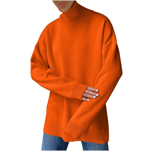 Classic Pullover Sweater for Women Women's Turtleneck Sweaters Casual Long Sleeve Solid Color Knit Pullover Sweater Tops 2024 Fall Clothes S-19 Orange L
