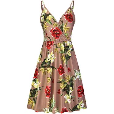 JHIJHOO Women's V Neck Floral Spaghetti Strap Summer Casual Swing Dress with Pocket Khaki S