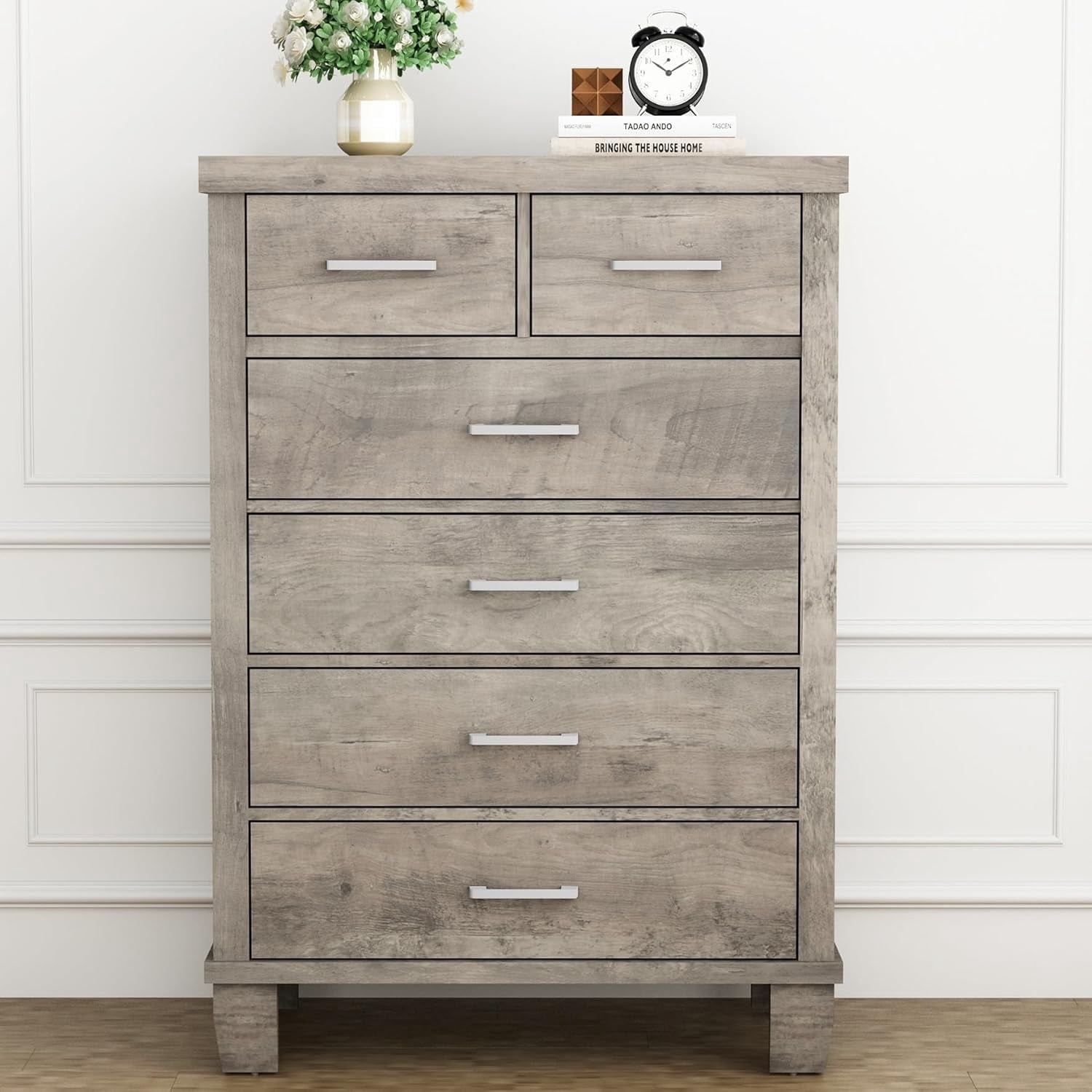 Dresser for Bedroom with 6 Drawers, 45" Tall Grey Chests of Drawers with Storage, Large Drawer Dresser for Closet, Wooden Storage Cabinet for Entryway