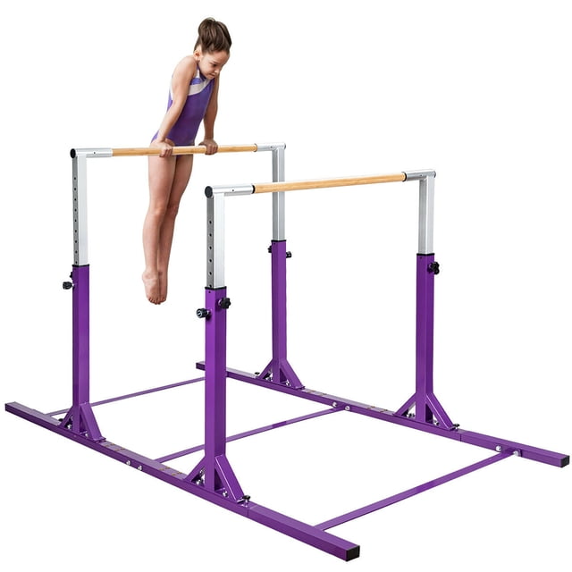 Costway Barres Doubles Horizontales pour Enfants Gym Maison Ajustables en Violet avec Barres en Bambou. les Barres Parallèles de Gymnastique Comportent un Cadre en Acier A3 Robuste avec supports Triangulaires, Hauteur Réglable de 38 Pieds' à 55 Pieds' en 11 Niveaux, et une Capacité de Poids Maximale de 220 Lb. Conçues pour les Enfants de 6 à 12 Ans, Comprend des Verrous Doubles pour la Sécurité et Convient à Divers Exercices. l'Ensemble Est Livré avec de la Poudre de Talc et un Manuel d'Instructions pour un Assemblage Facile