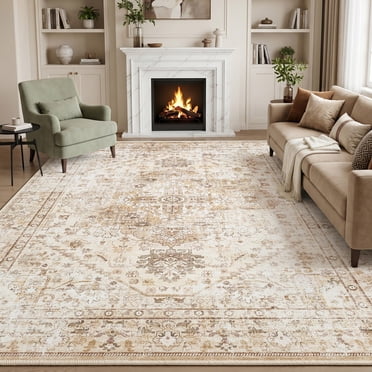 Exenoray Washable Bohemian Rug, Non-Slip Low Pile Printed Carpet, Faux Cashmere Surface, Coffee Brown 8x10