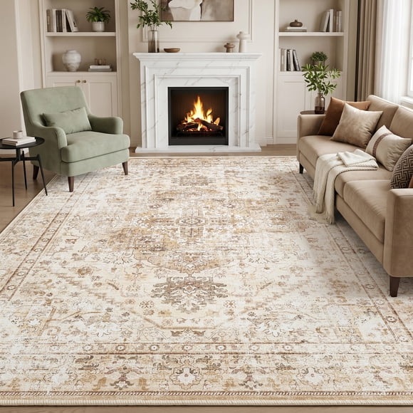 Exenoray Washable Bohemian Rug, Non-Slip Low Pile Printed Carpet, Faux Cashmere Surface, Coffee Brown 8x10