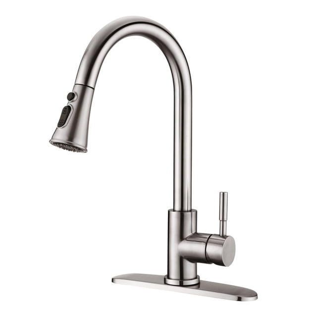 Robinet d'Évier de Cuisine à Bec Rétractable à une Seule Poignée avec Plaque de Pont, Fini nickel Brossé. Doté d'Un Bec Arqué et Pivotant à 360 Degrés avec Vaporisateur Rétractable Offrant Trois Fonctions : Jet, Vaporisation et pause. Fabriqué en Acier Inoxydable 304 durable avec Fini nickel Brossé Résistant à la Corrosion. Comprend une Poignée Unique pour un Contrôle Facile de la Température de l'Eau et du Débit. Conçu pour une installation à 1 Ou 3 Trous avec une Plaque de Pont de 10 Pouces, Convient à une installation Bricolage.