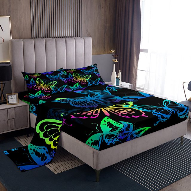 Colorful Butterfly Bed Sheets Full Size Multicolor Flying Butterflies Fitted Sheet,Watercolor Rustic Aesthetic Animal Sheet Set Rainbow Flat Sheet Chic Nature Art Room Decor,Blue Green Purple