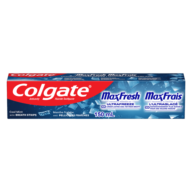 Colgate MaxFresh Dentifrice Menthe Fraîche 150 ml en Boîte Rectangulaire avec Couleurs Rouge et Bleu, Présentant le logo Colgate, la Marque MaxFresh, des Bandes pour l'Haleine, la Technologie Ultrafreeze pour une Sensation de Fraîcheur 10X Plus Longue, et une Formule au Fluorure pour Aider à Lutter contre les Caries et Rafraîchir l'Haleine.