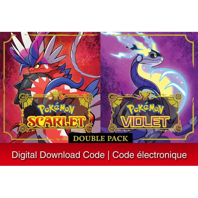 Pokemon Écarlate & Pokemon Violet Paquet Double Couverture de code de Téléchargement Numérique Mettant en Vedette le Pokémon Légendaire Koraidon du Côté Écarlate Rouge et Miraidon du Côté Violet Violet, avec des Titres de Jeu Audacieux Jaunes et Bleus et une Étiquette Noire de Paquet Double.