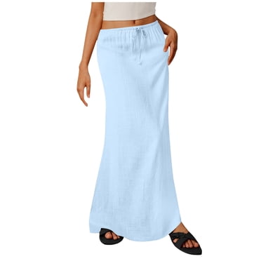 Ohufall Cotton And Linen Maxi Skirts for Women Summer Solid Trendy Casual Straight Skirts Elastic Waist Drawstring Ladies Comfy Long Skirt