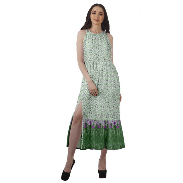 Moomaya Robe Longue Imprimée pour Femmes, Fente avant, Aguichant, Sans Manches, en Rayonne, Robe de Mariage