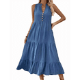 thumbnail image 1 of Robe Chemise Sans Manches d'Été 2025 pour Femmes Col en V Décontractée Midi Bleu P, 1 of 10