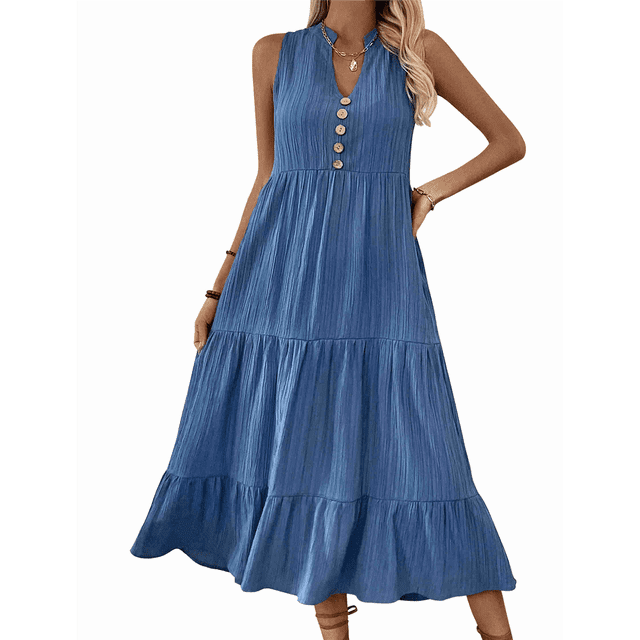 Robe Chemise Sans Manches d'Été 2025 pour Femmes Col en V Décontractée Midi Bleu P