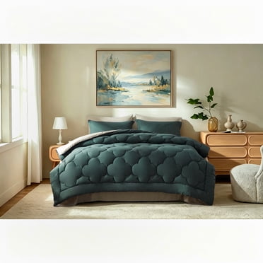 Bedtreat Queen Comforter Sets，7-Pieces Reversible Bedding Sets，Bed in a Bag with Comforter， Flat Sheet and Fitted Sheet, Pillowcases & Shams，Green/Milky Coffee