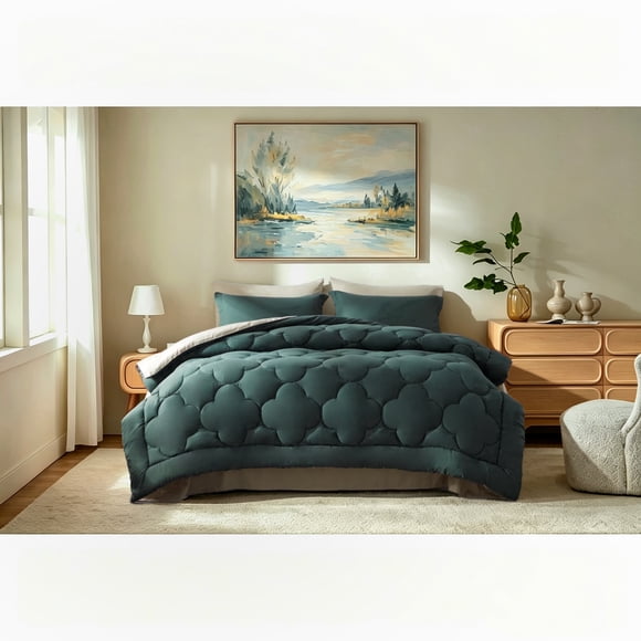 Bedtreat Full Comforter Sets,7-Pieces Reversible Bedding Sets,Bed in a Bag with Comforter, Flat Sheet and Fitted Sheet, Pillowcases & Shams,Green/Milky Coffee