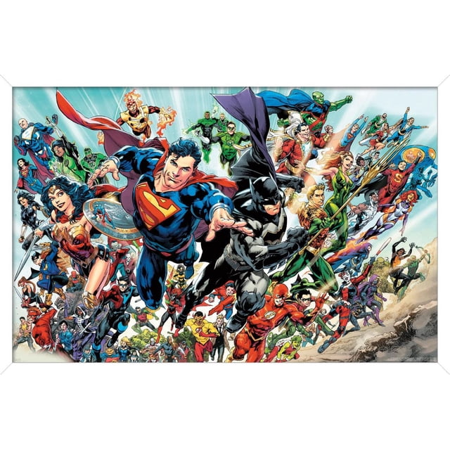 DC Comics - La Ligue des Justiciers Rebirth - Affiche Murale de Groupe, 14,725 Pouces x 22,375 Pouces Présente un Groupe de Superhéros de La Ligue des Justiciers Orienté vers l'Avant, Dont Superman en Bleu et Rouge, Batman en Noir et Gris, Wonder Woman avec Épée et Bouclier, Aquaman avec trident, et le Flash en Rouge, le Tout en poses Dynamiques de Vol Ou de Course sur un Fond de Ciel Lumineux, Imprimée sur une Affiche à Fini Satiné de Qualité Supérieure Idéale pour Décorer des Chambres