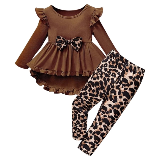 Liyamei Robe Tricotée Unie à Col Rond Patchwork pour Filles et Jupe Asymétrique avec Leggings Décontractés pour Tous les Jours, Brun 5-6 Ans