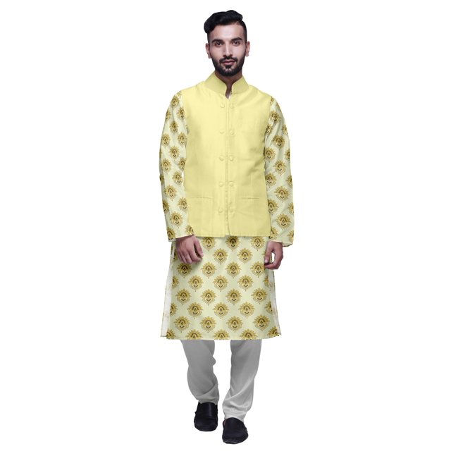 Atasi Ensemble Kurta Pyjama Indien pour Hommes, Veste Imprimée Classique Décontractée
