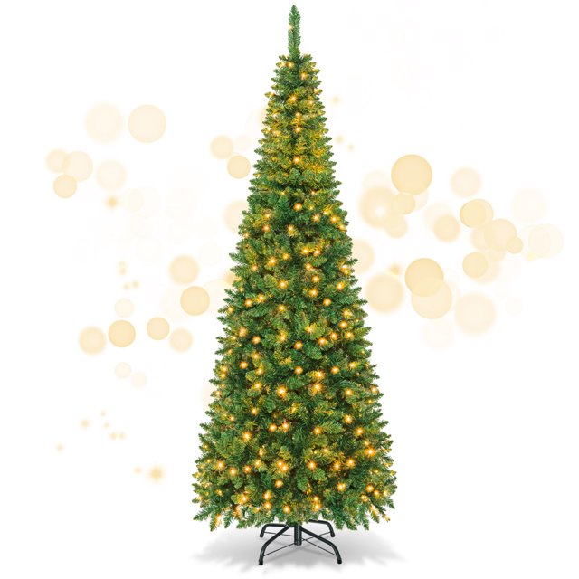 Gymax 7.5ft Pre-Lit Pencil Christmas Tree Traditional Indoor Decoration